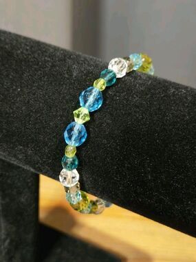 Crystal Glass Bead Bracelet W/ Silver Clasp, Clear Green & Blue